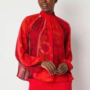 Worthington Long Sleeve Red Sheer Mandarin Collar Top Blouse Petite PXL NWT